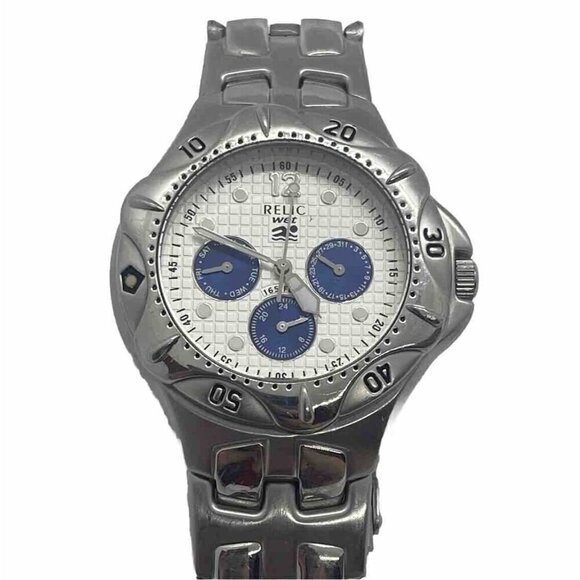 Relic Wet Watch Men Silver Tone Day Date Blue White Multi Dial ZR15358 Stainless - Picture 1 of 7
